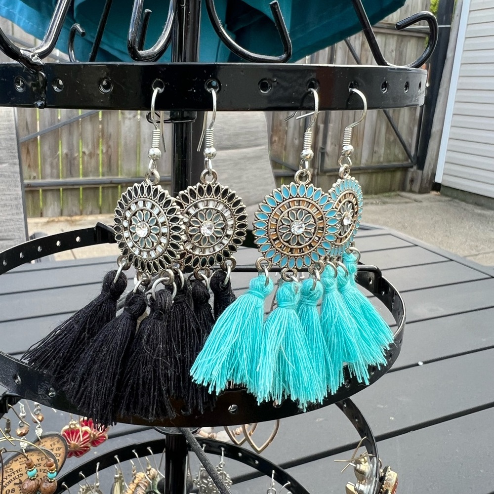 Black and teal pair of boho earrings